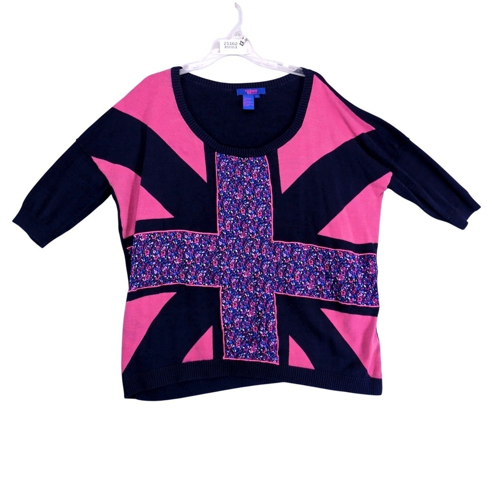 Twiggy London Union Jack Pink Navy Knit Top Sz L Floral UK Retro Mod 3/4 Sleeve